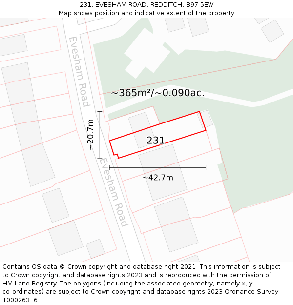 231, EVESHAM ROAD, REDDITCH, B97 5EW: Plot and title map
