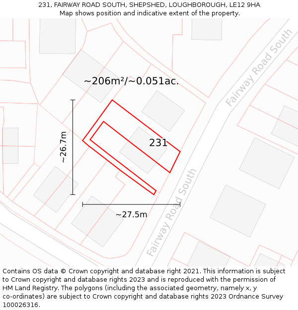 231, FAIRWAY ROAD SOUTH, SHEPSHED, LOUGHBOROUGH, LE12 9HA: Plot and title map