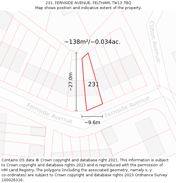 231, FERNSIDE AVENUE, FELTHAM, TW13 7BQ: Plot and title map
