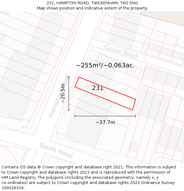231, HAMPTON ROAD, TWICKENHAM, TW2 5NG: Plot and title map