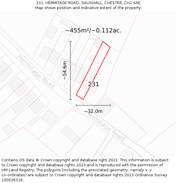 231, HERMITAGE ROAD, SAUGHALL, CHESTER, CH1 6AE: Plot and title map
