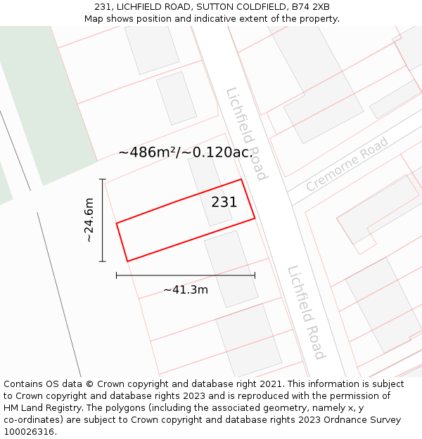 231, LICHFIELD ROAD, SUTTON COLDFIELD, B74 2XB: Plot and title map