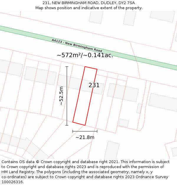 231, NEW BIRMINGHAM ROAD, DUDLEY, DY2 7SA: Plot and title map