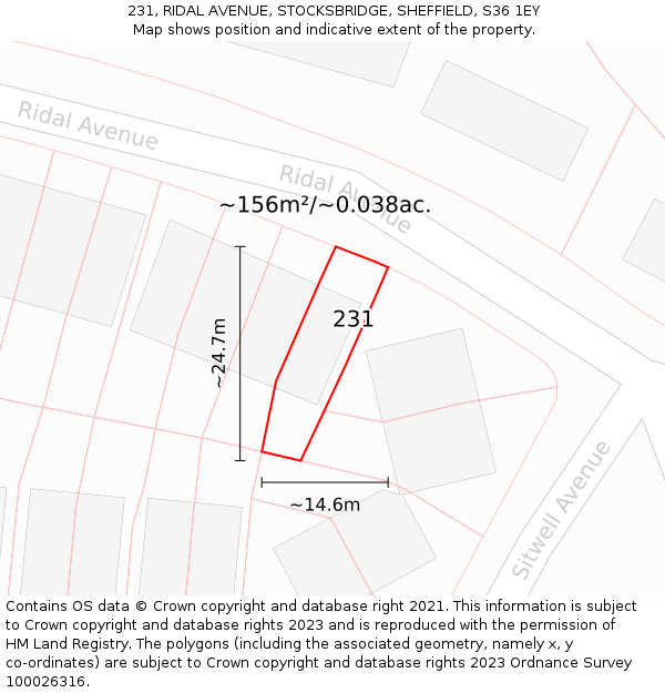 231, RIDAL AVENUE, STOCKSBRIDGE, SHEFFIELD, S36 1EY: Plot and title map