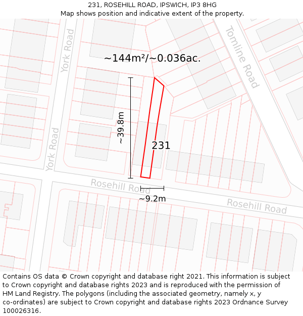 231, ROSEHILL ROAD, IPSWICH, IP3 8HG: Plot and title map