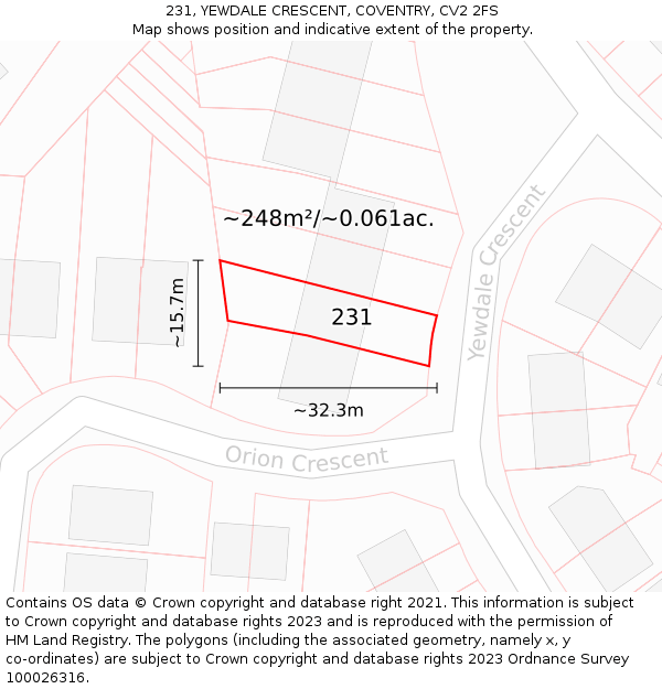231, YEWDALE CRESCENT, COVENTRY, CV2 2FS: Plot and title map