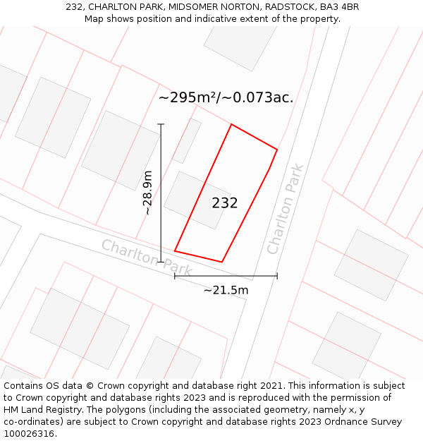 232, CHARLTON PARK, MIDSOMER NORTON, RADSTOCK, BA3 4BR: Plot and title map