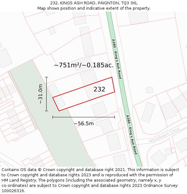 232, KINGS ASH ROAD, PAIGNTON, TQ3 3XL: Plot and title map