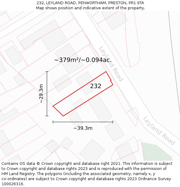 232, LEYLAND ROAD, PENWORTHAM, PRESTON, PR1 9TA: Plot and title map