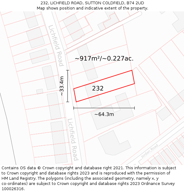 232, LICHFIELD ROAD, SUTTON COLDFIELD, B74 2UD: Plot and title map