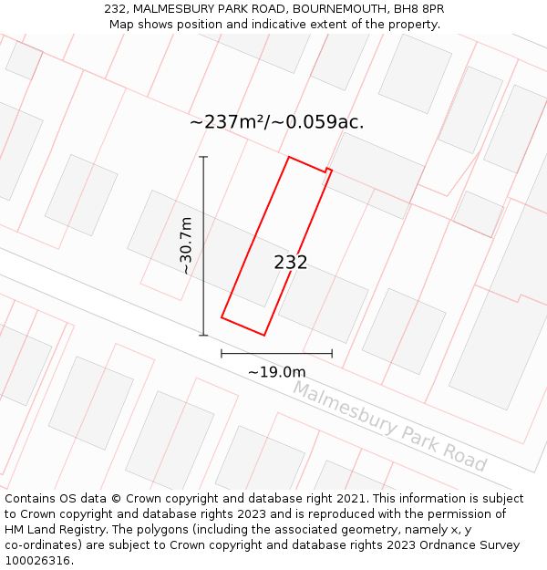 232, MALMESBURY PARK ROAD, BOURNEMOUTH, BH8 8PR: Plot and title map