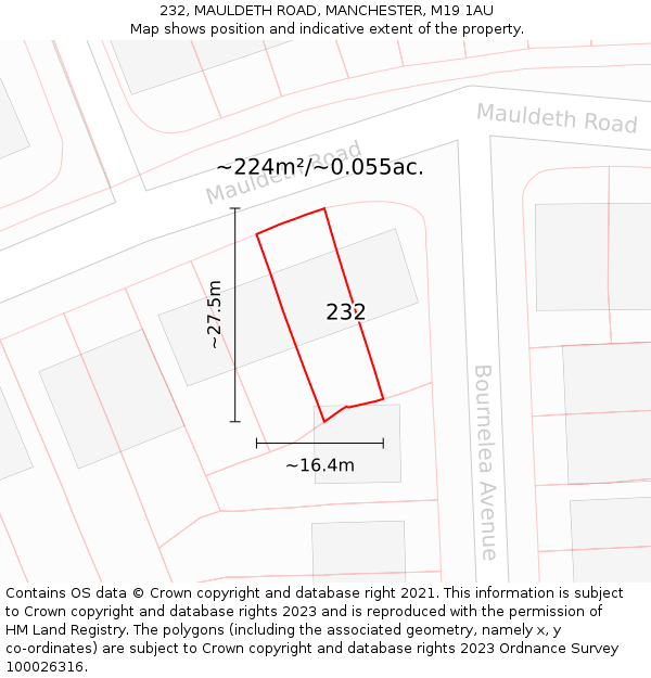 232, MAULDETH ROAD, MANCHESTER, M19 1AU: Plot and title map