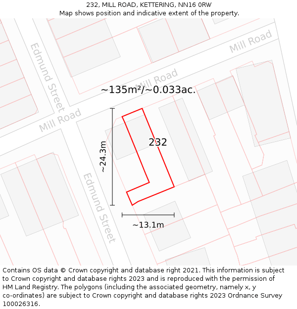 232, MILL ROAD, KETTERING, NN16 0RW: Plot and title map