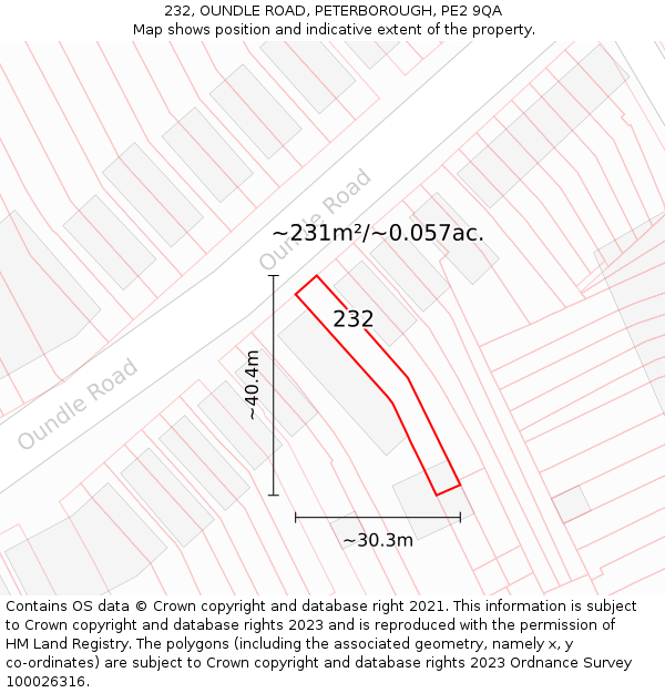 232, OUNDLE ROAD, PETERBOROUGH, PE2 9QA: Plot and title map
