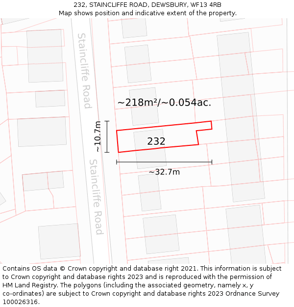 232, STAINCLIFFE ROAD, DEWSBURY, WF13 4RB: Plot and title map