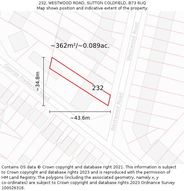 232, WESTWOOD ROAD, SUTTON COLDFIELD, B73 6UQ: Plot and title map