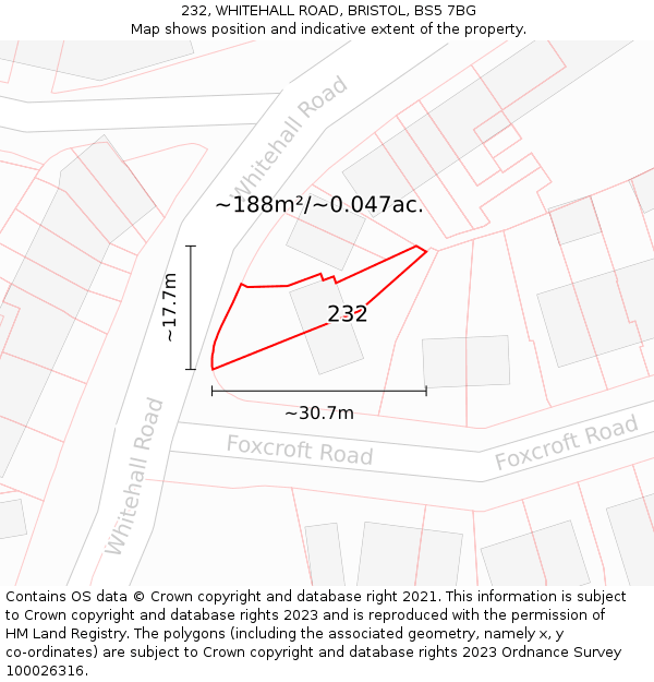 232, WHITEHALL ROAD, BRISTOL, BS5 7BG: Plot and title map