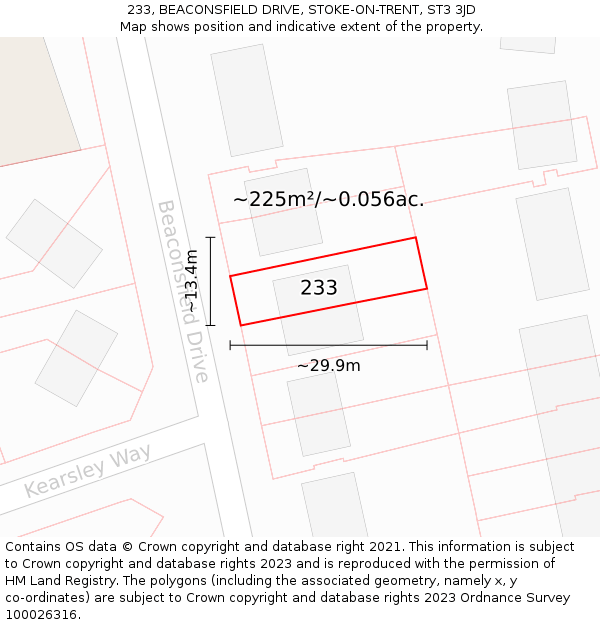 233, BEACONSFIELD DRIVE, STOKE-ON-TRENT, ST3 3JD: Plot and title map