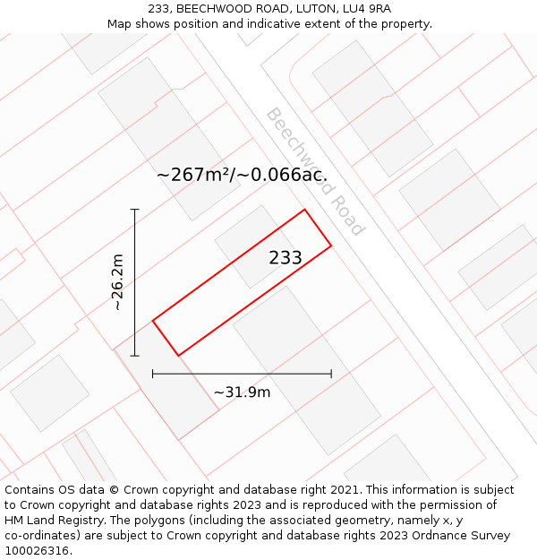 233, BEECHWOOD ROAD, LUTON, LU4 9RA: Plot and title map
