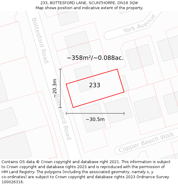 233, BOTTESFORD LANE, SCUNTHORPE, DN16 3QW: Plot and title map