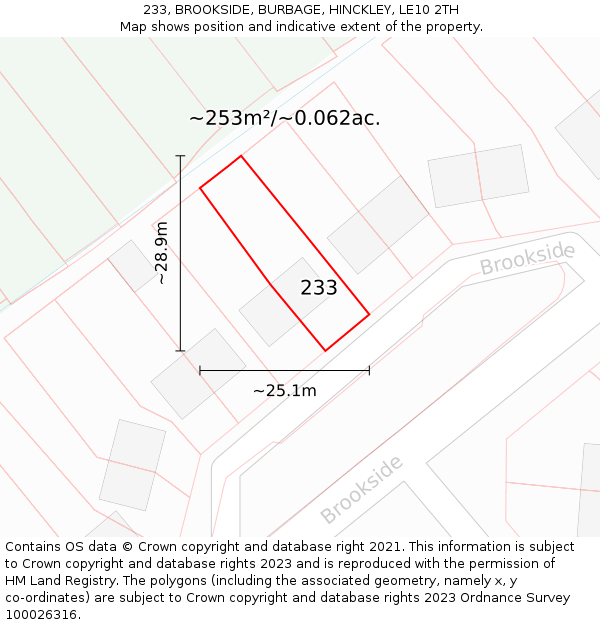 233, BROOKSIDE, BURBAGE, HINCKLEY, LE10 2TH: Plot and title map