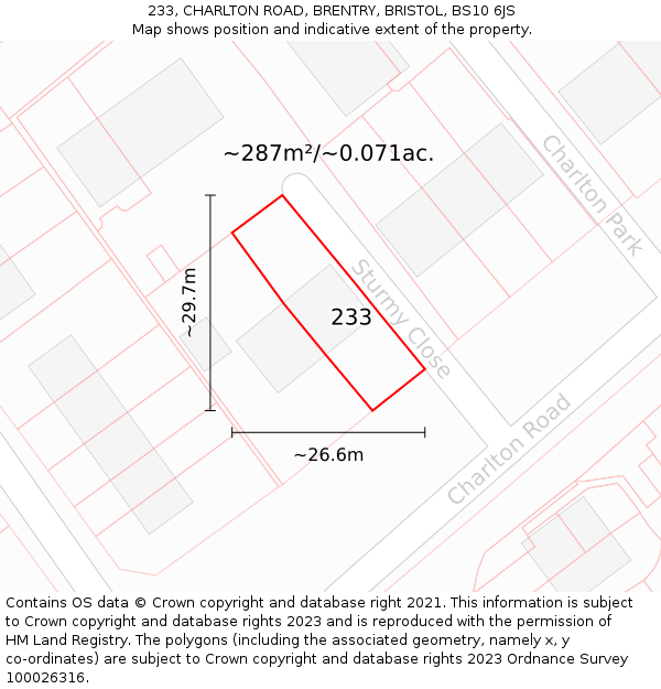 233, CHARLTON ROAD, BRENTRY, BRISTOL, BS10 6JS: Plot and title map