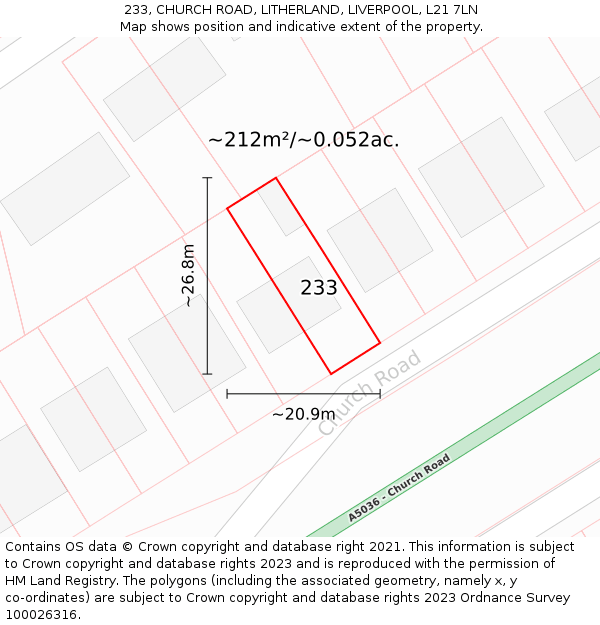 233, CHURCH ROAD, LITHERLAND, LIVERPOOL, L21 7LN: Plot and title map