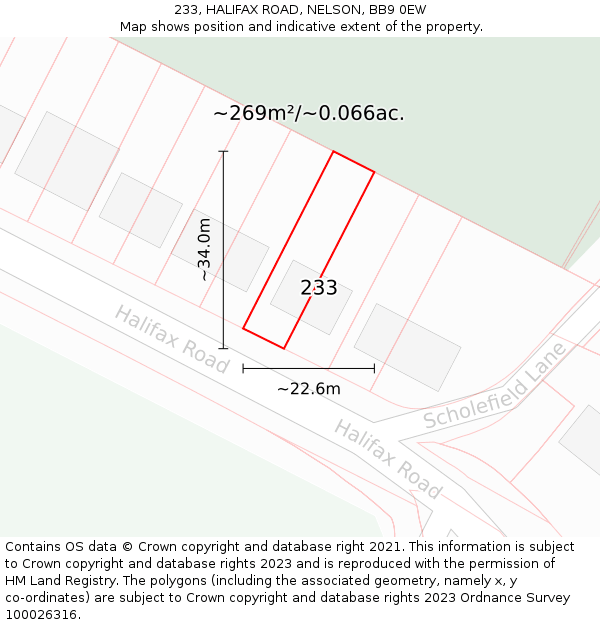 233, HALIFAX ROAD, NELSON, BB9 0EW: Plot and title map