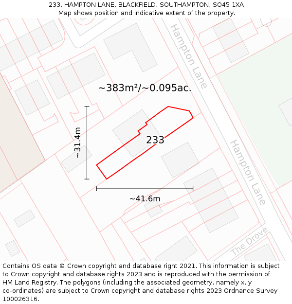 233, HAMPTON LANE, BLACKFIELD, SOUTHAMPTON, SO45 1XA: Plot and title map
