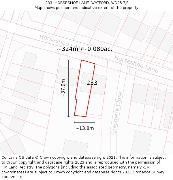 233, HORSESHOE LANE, WATFORD, WD25 7JE: Plot and title map