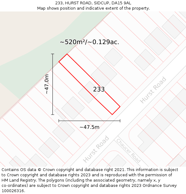 233, HURST ROAD, SIDCUP, DA15 9AL: Plot and title map