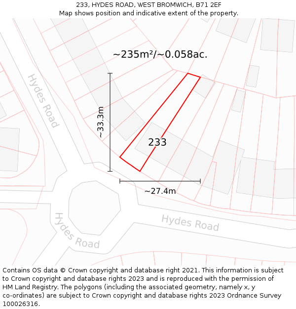 233, HYDES ROAD, WEST BROMWICH, B71 2EF: Plot and title map