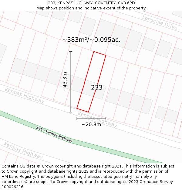 233, KENPAS HIGHWAY, COVENTRY, CV3 6PD: Plot and title map