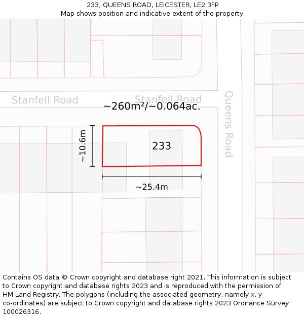 233, QUEENS ROAD, LEICESTER, LE2 3FP: Plot and title map