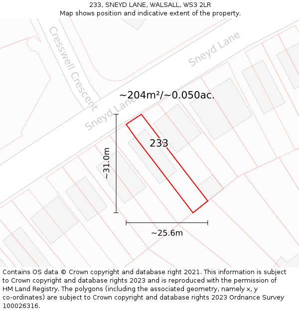 233, SNEYD LANE, WALSALL, WS3 2LR: Plot and title map
