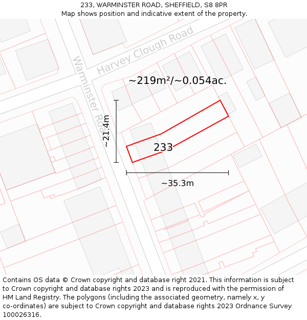 233, WARMINSTER ROAD, SHEFFIELD, S8 8PR: Plot and title map