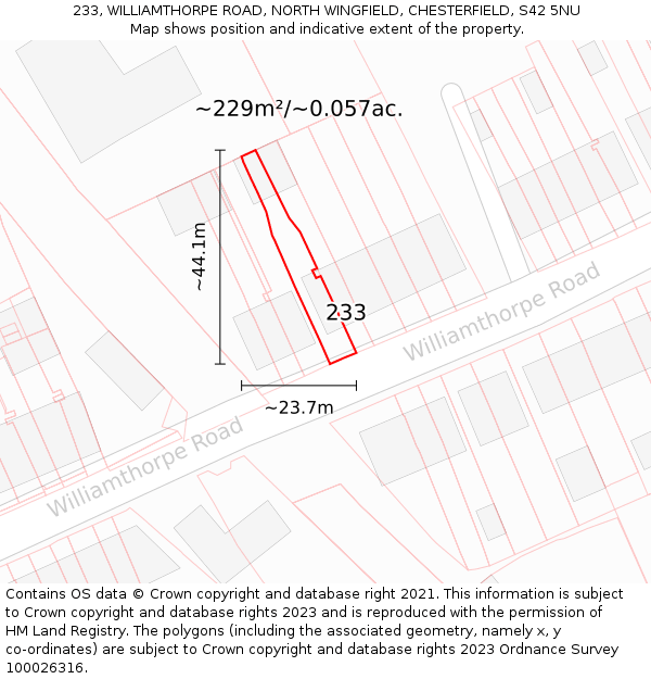233, WILLIAMTHORPE ROAD, NORTH WINGFIELD, CHESTERFIELD, S42 5NU: Plot and title map
