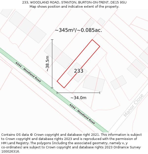 233, WOODLAND ROAD, STANTON, BURTON-ON-TRENT, DE15 9SU: Plot and title map
