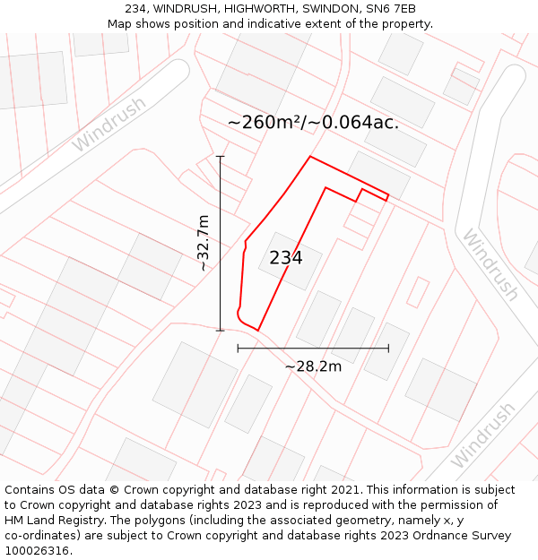234, WINDRUSH, HIGHWORTH, SWINDON, SN6 7EB: Plot and title map