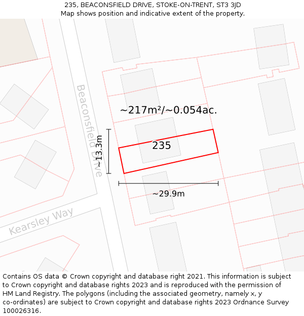 235, BEACONSFIELD DRIVE, STOKE-ON-TRENT, ST3 3JD: Plot and title map