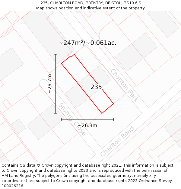 235, CHARLTON ROAD, BRENTRY, BRISTOL, BS10 6JS: Plot and title map