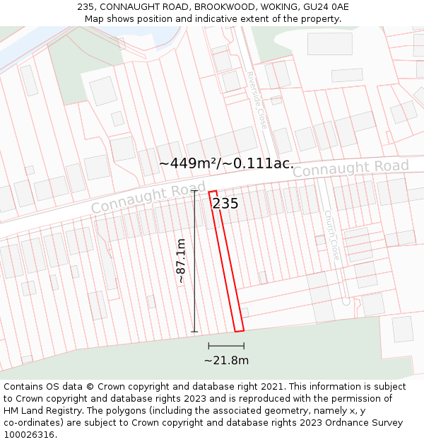 235, CONNAUGHT ROAD, BROOKWOOD, WOKING, GU24 0AE: Plot and title map