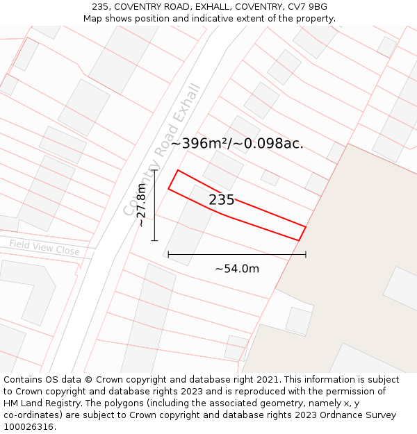 235, COVENTRY ROAD, EXHALL, COVENTRY, CV7 9BG: Plot and title map