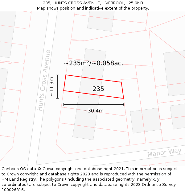 235, HUNTS CROSS AVENUE, LIVERPOOL, L25 9NB: Plot and title map