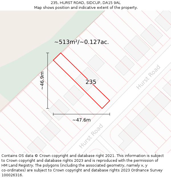 235, HURST ROAD, SIDCUP, DA15 9AL: Plot and title map