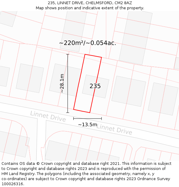 235, LINNET DRIVE, CHELMSFORD, CM2 8AZ: Plot and title map