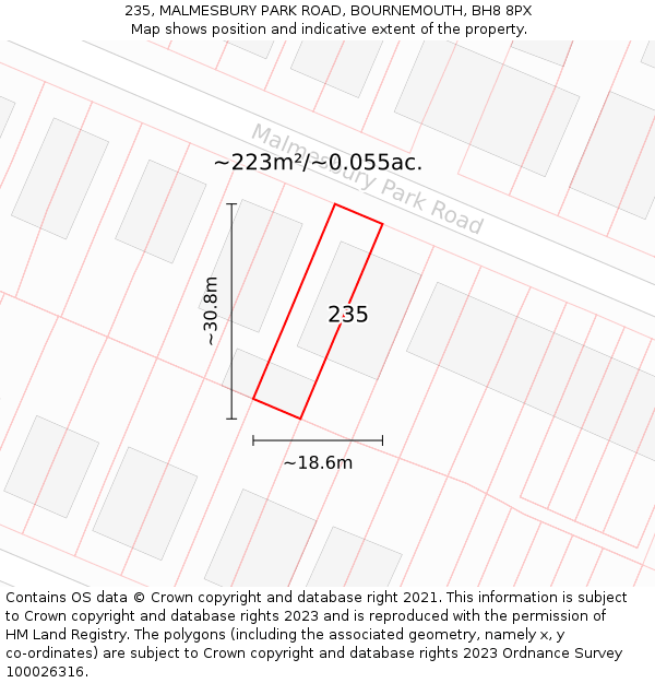 235, MALMESBURY PARK ROAD, BOURNEMOUTH, BH8 8PX: Plot and title map
