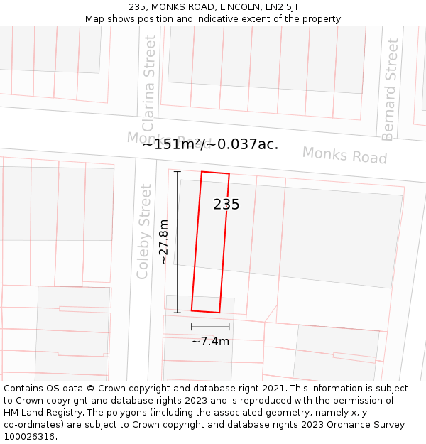 235, MONKS ROAD, LINCOLN, LN2 5JT: Plot and title map