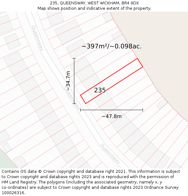 235, QUEENSWAY, WEST WICKHAM, BR4 9DX: Plot and title map