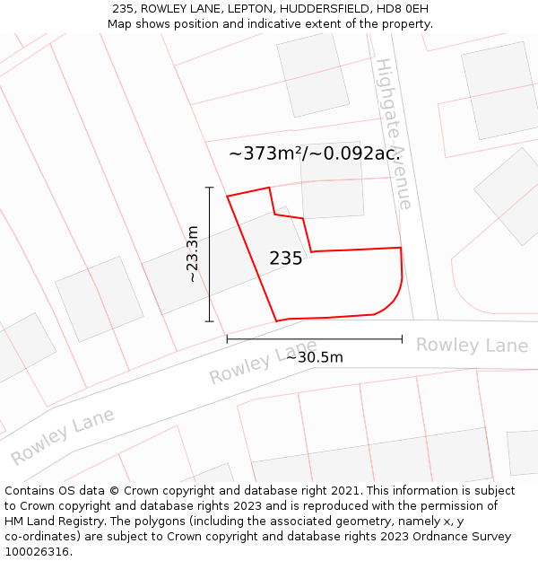 235, ROWLEY LANE, LEPTON, HUDDERSFIELD, HD8 0EH: Plot and title map
